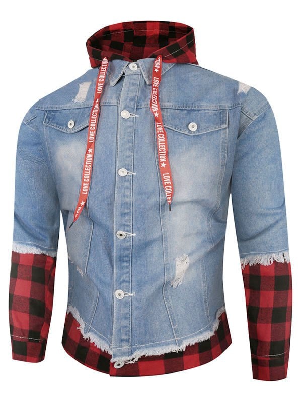 Plaid Ripped Doctor Sleeve Hooded Jean Jacket