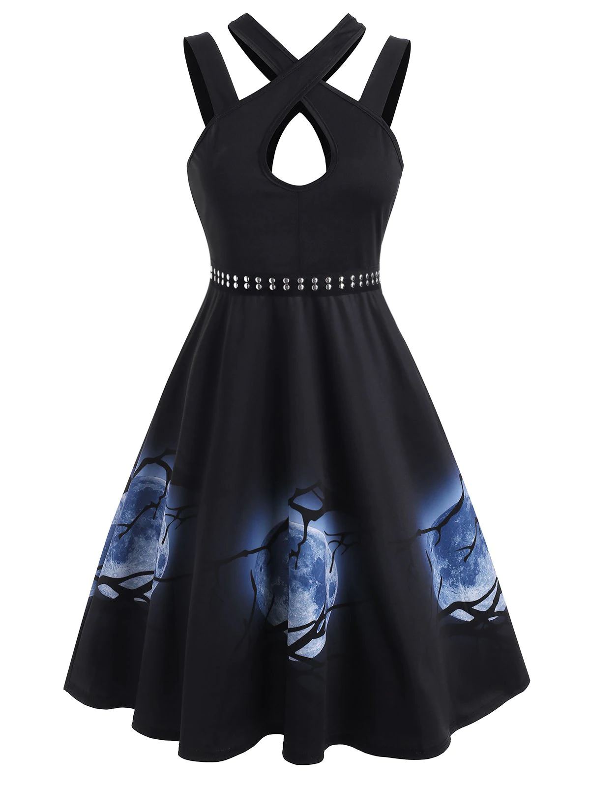 Halloween Moon Print Rivet Keyhole Sleeveless Dress