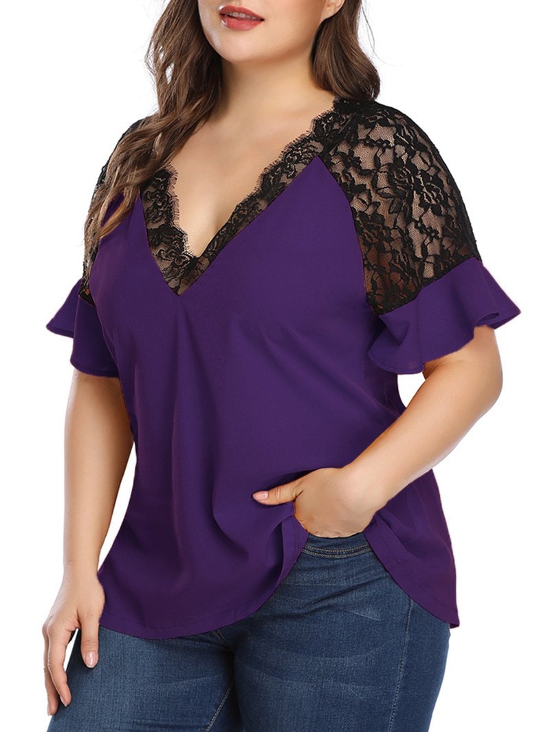 Plus Size Contrast Lace Low Cut Blouse