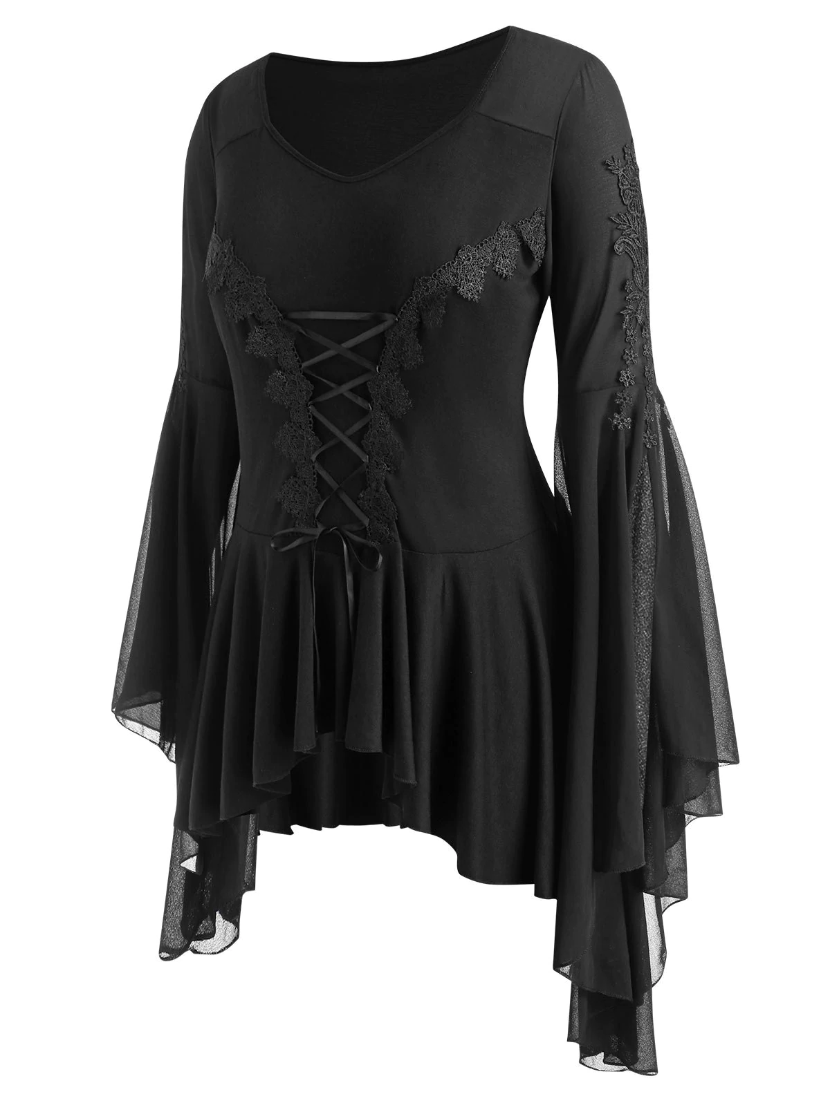 Plus Size Lace Applique Lace-up Voluminous Sleeve Asymmetrical G