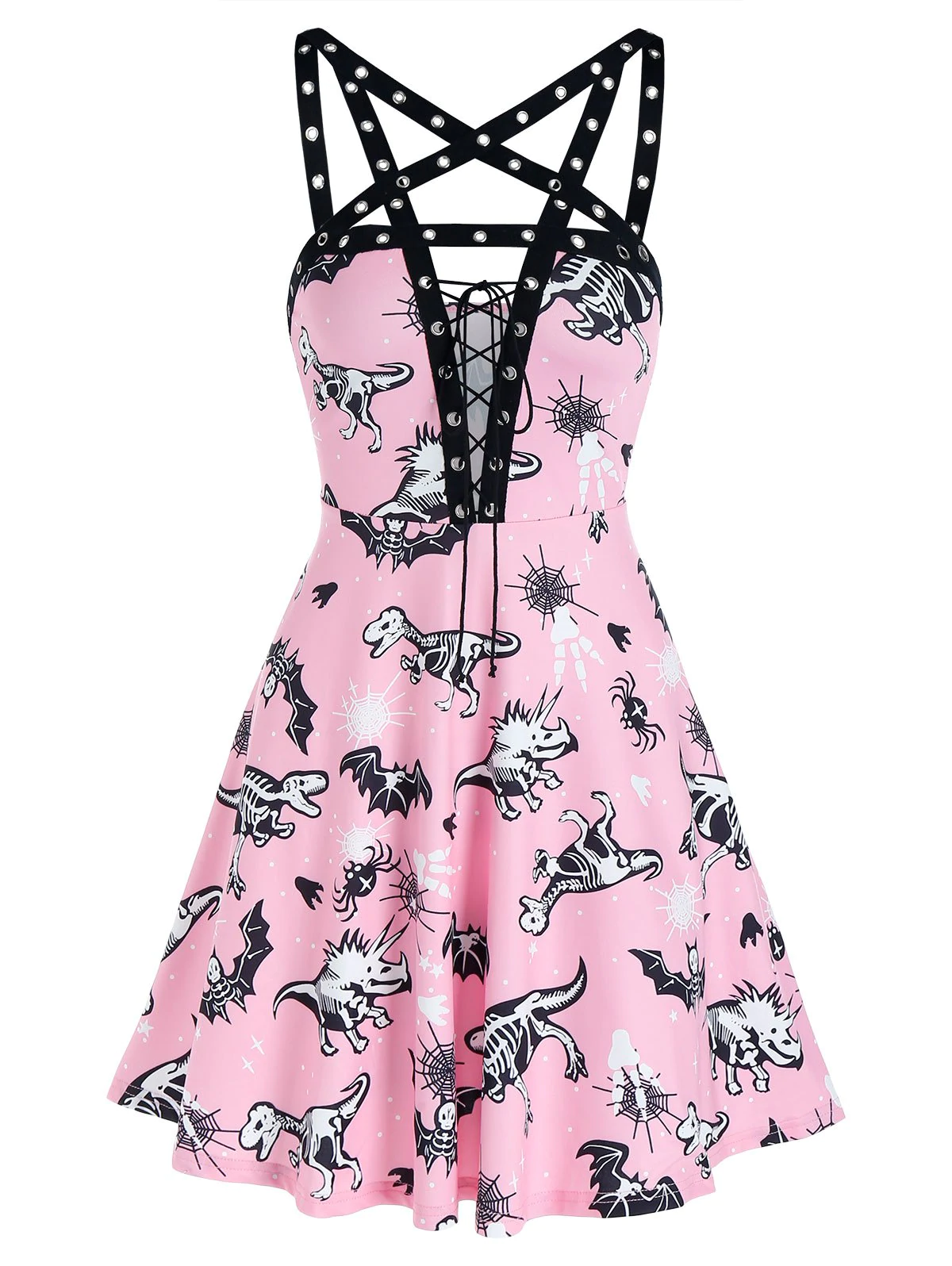 Animal Skeleton Print Punging Neck Grommet Strap Mini Dress