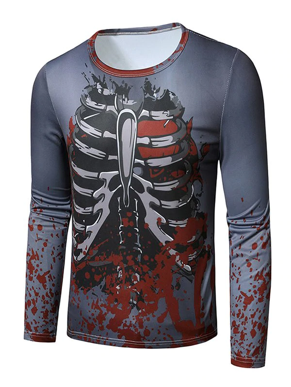 Halloween 3D Skeleton Print Crew Neck Slim T Shirt