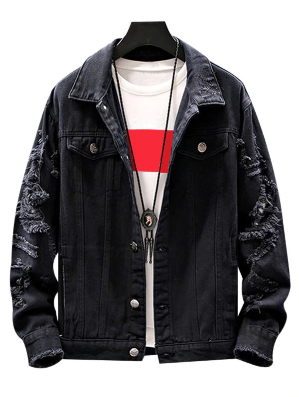 Mock Button Ripped Button Up Denim Jacket