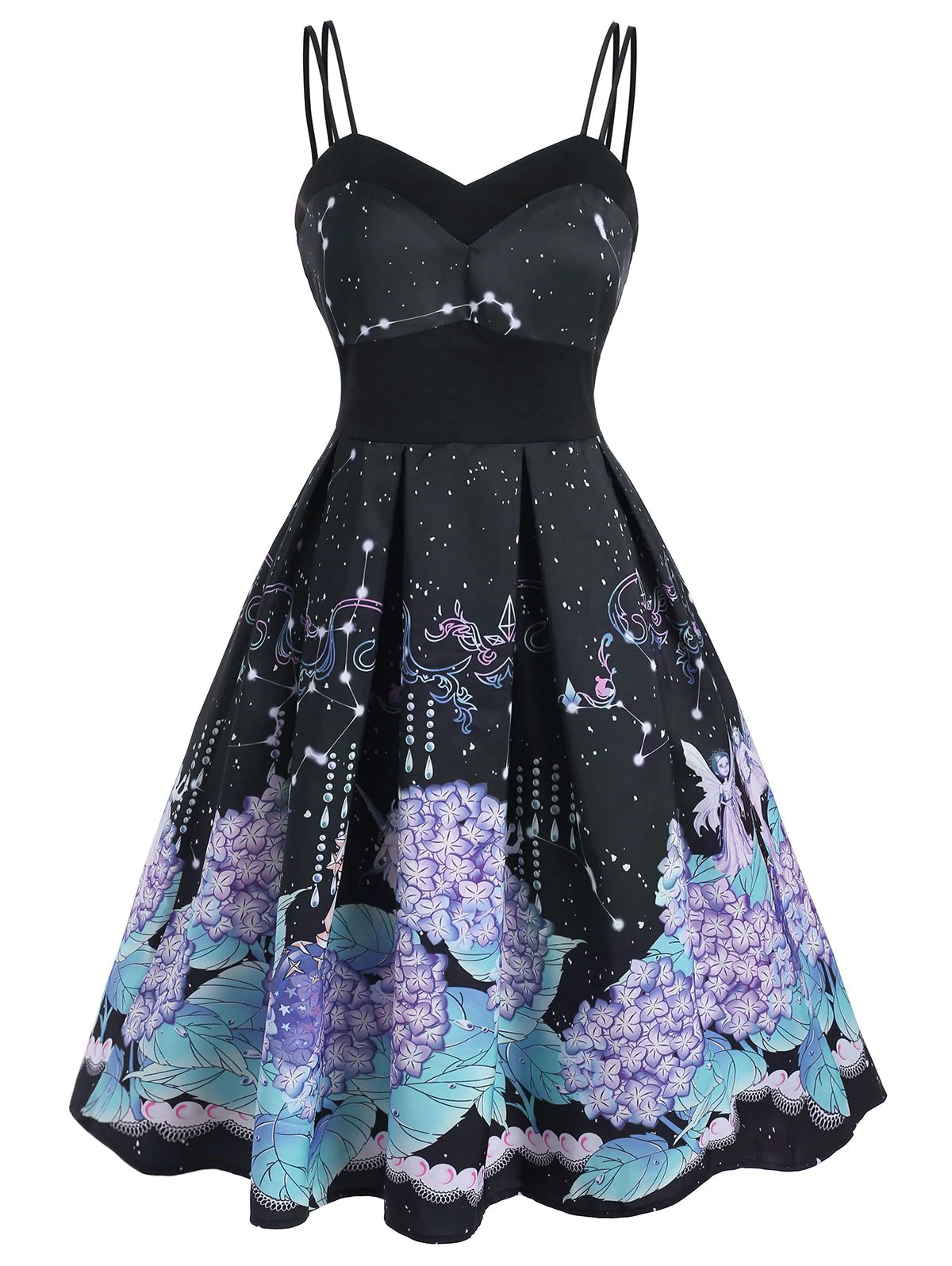 Galaxy Flower Elf Print Dual Strap Sleeveless Dress