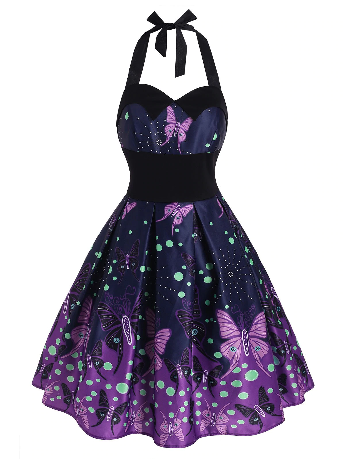 Halter Butterfly Print Polka Dot Empire Waist Dress