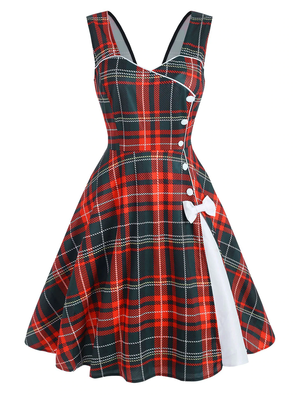 Plaid Mock Button Bowknot Slit Dress