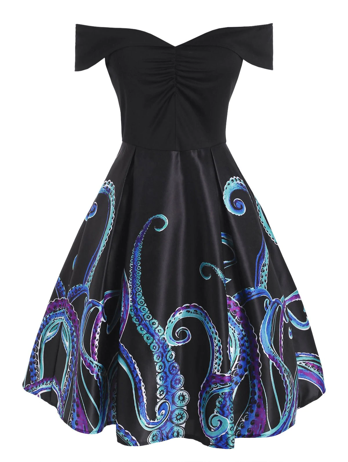 Ruched Octopus Print Off Shoulder Foldover Dress