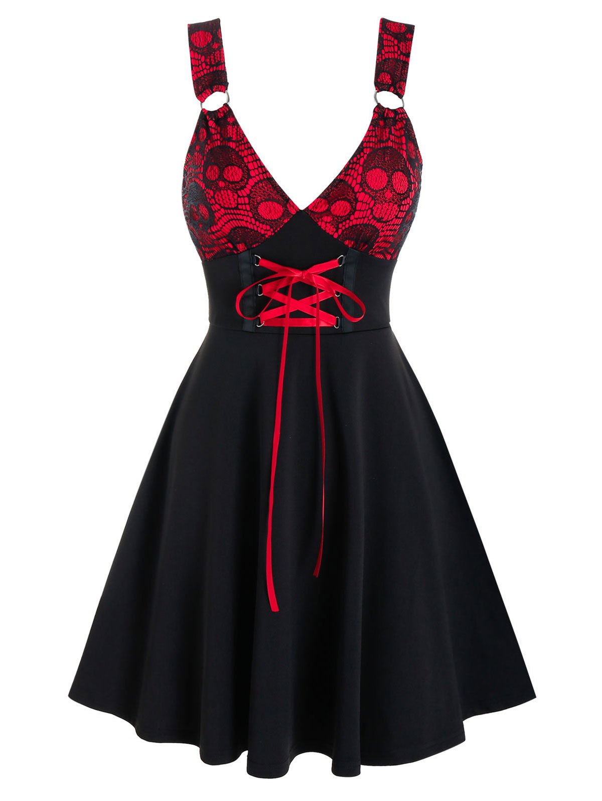 Gothic Skull Pattern Two-tone Lace-up Dress