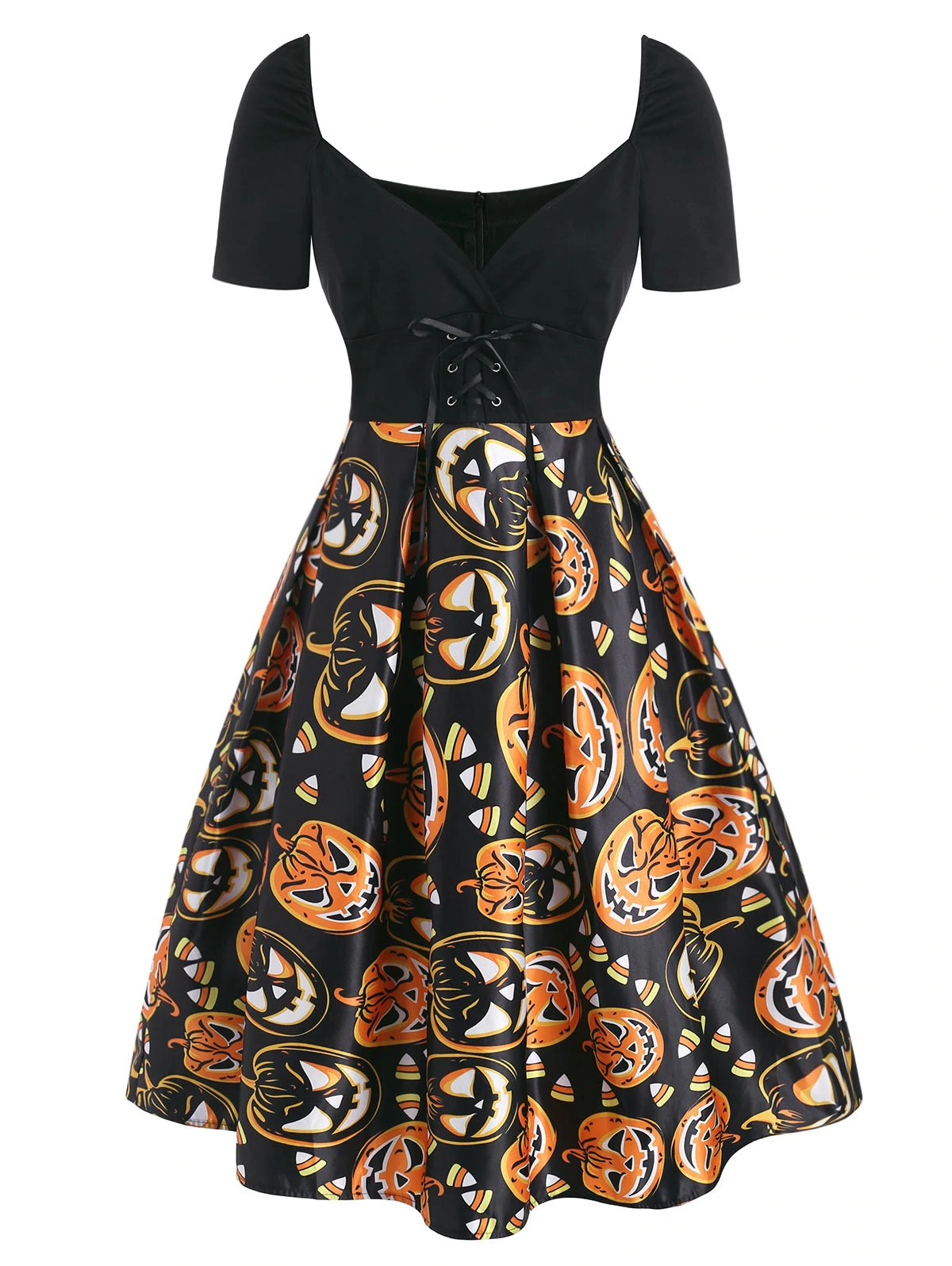 Halloween Pumpkin Lace Up Plunging Dress