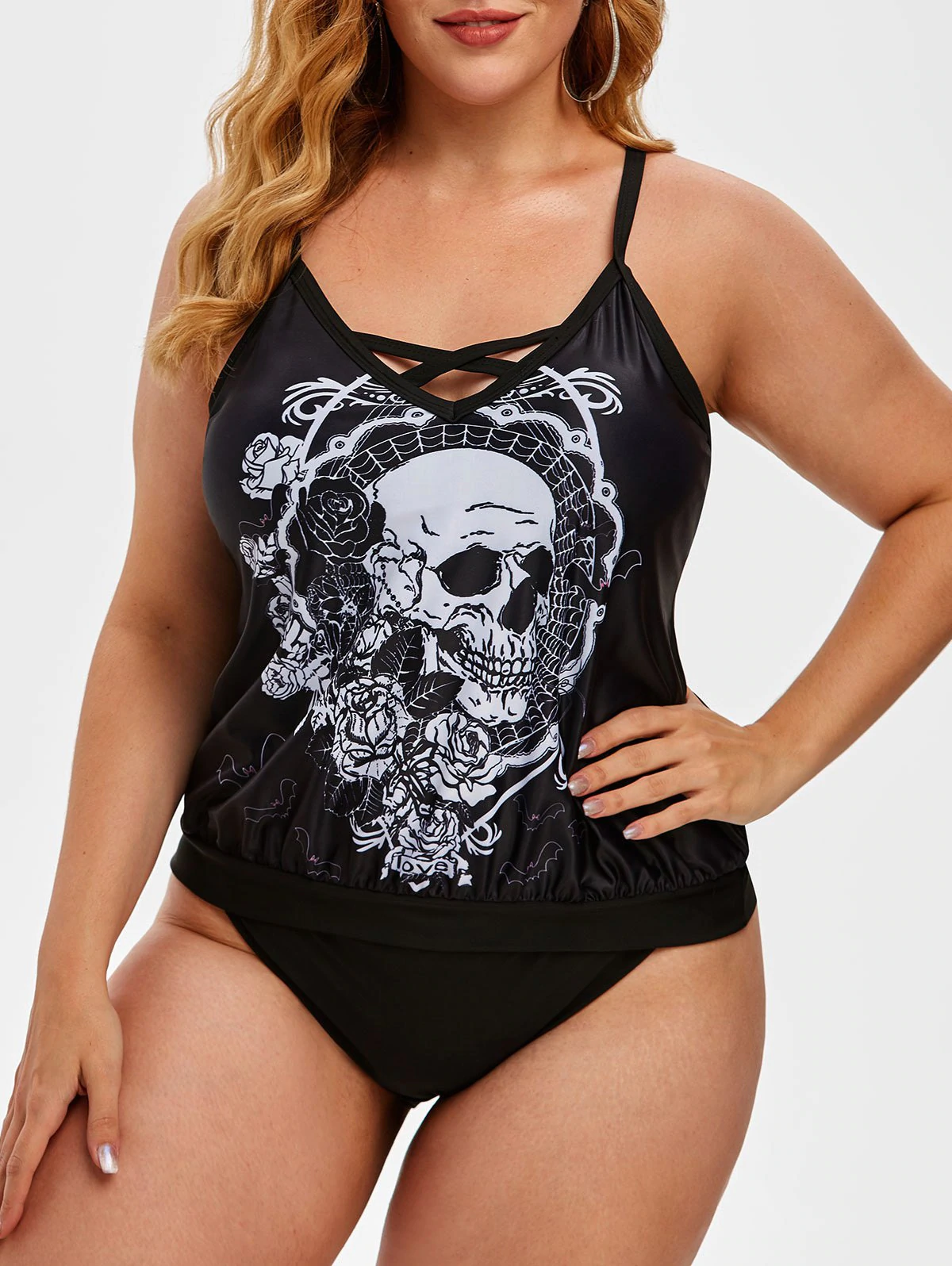 Plus Size Skull Print Cinched Blouson Tankini Swimwear