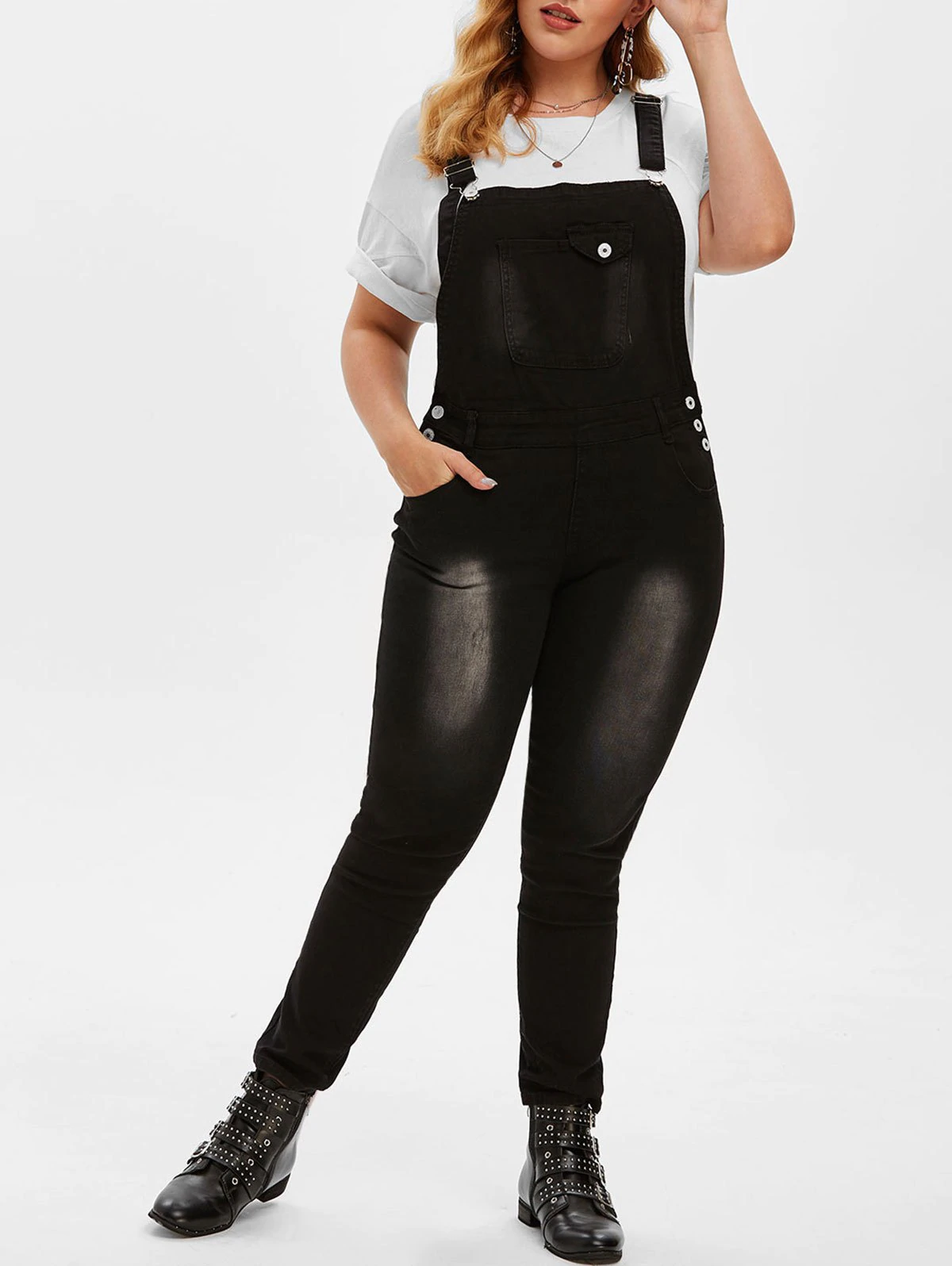 Plus Size Stone Wash Pocket Skinny Dungarees