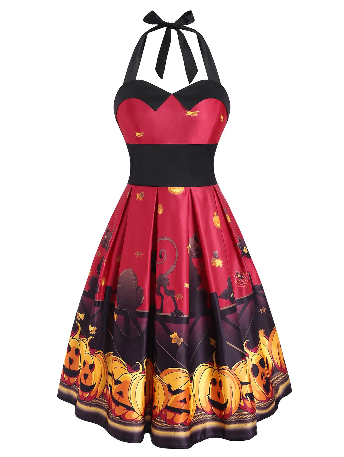 Halloween Pumpkin Bat Print Empire Waist Dress