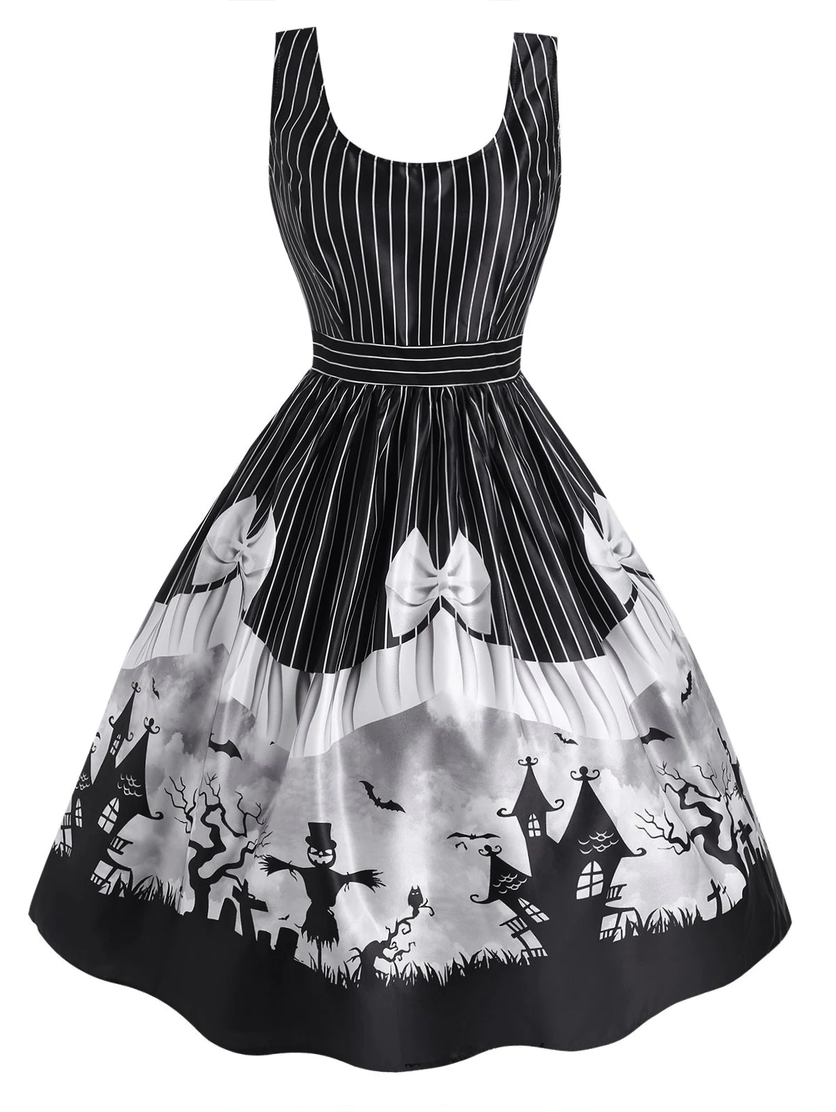 Halloween Striped Castle Bowknot Print Sleeveless Dress