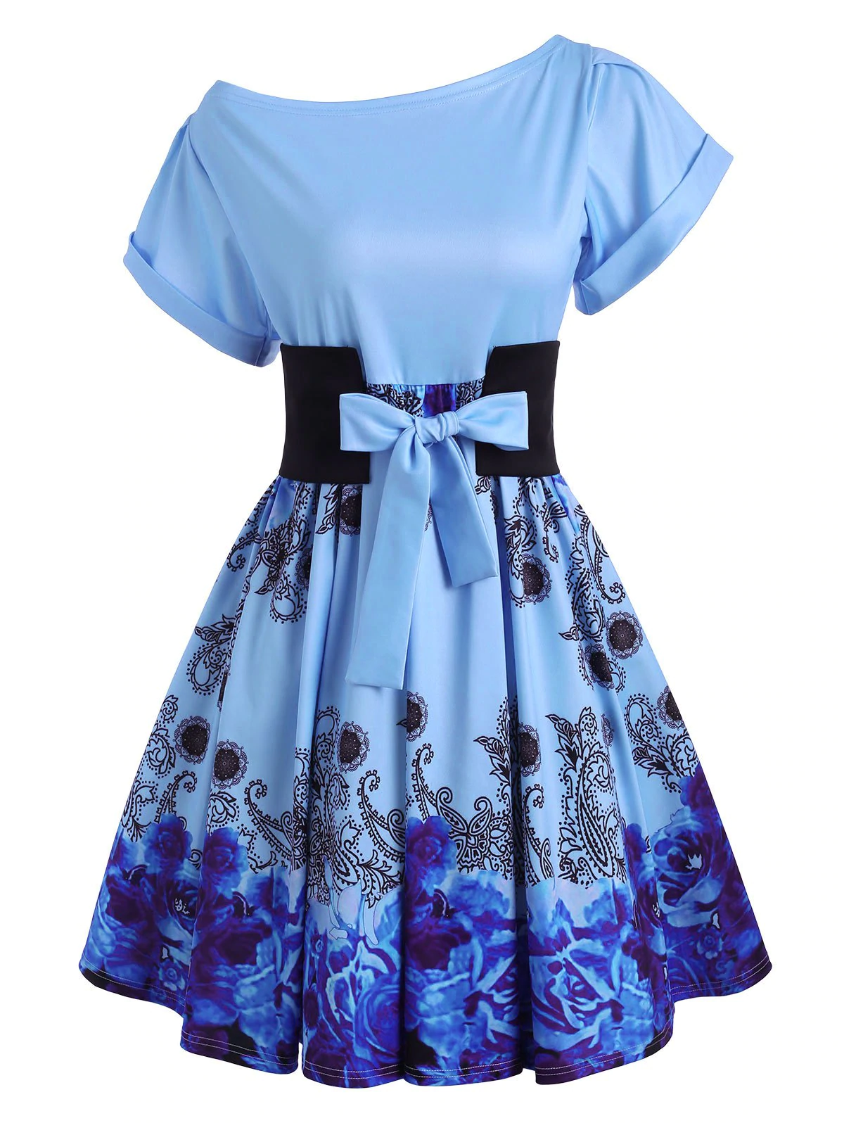 Flower Cuffed Sleeve Skew Collar Belted Dress