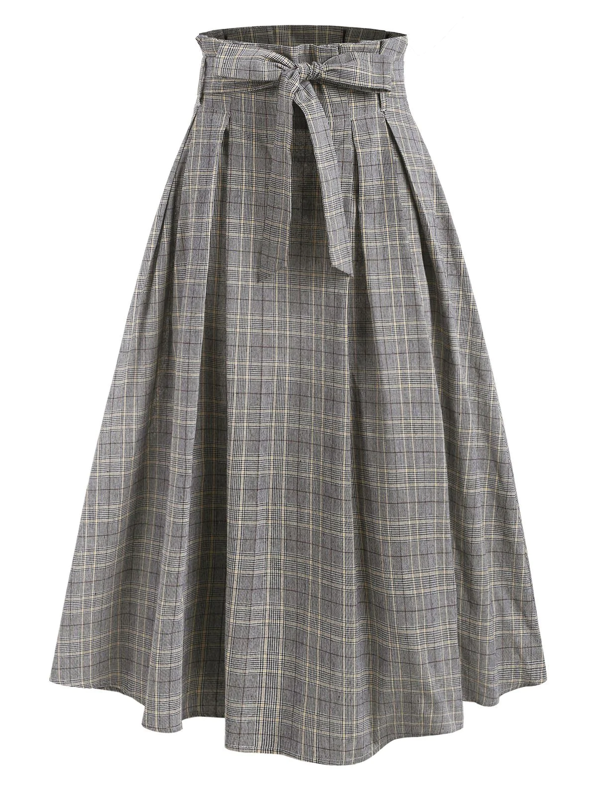 Plaid Print Belted Paperbag Skirt