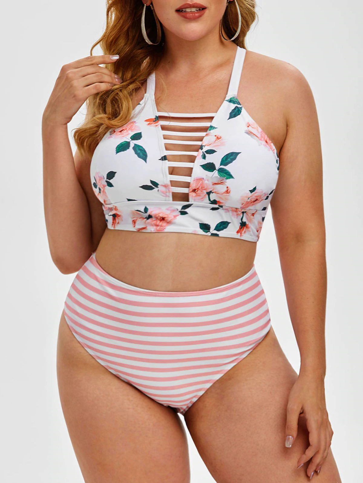 Plus Size Floral Print Ladder Cutout Striped Bikini Swimwear