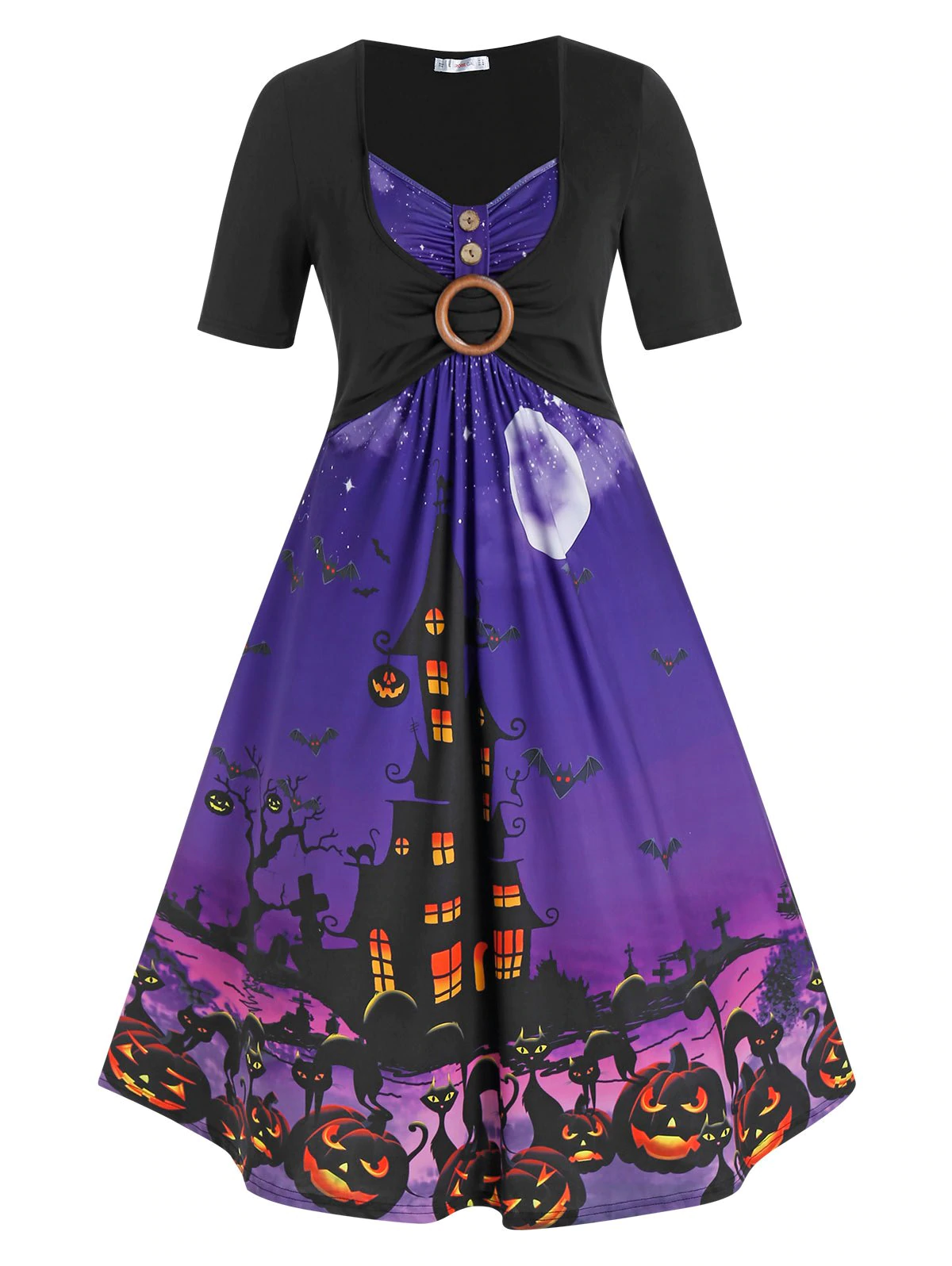 Plus Size O Ring Halloween Pumpkin Castle Print Dress