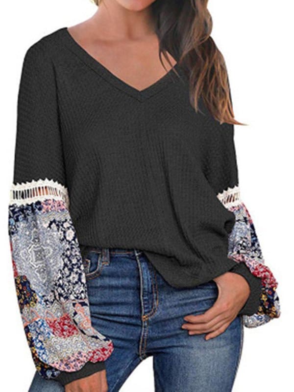 Lantern Sleeve Ethnic Print Textured Knit Sweater