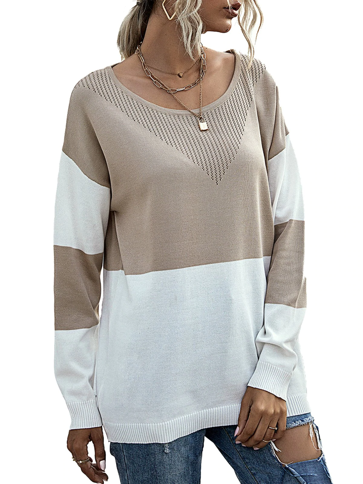 Two Tone Drop Shoulder Pointelle Knit Sweater