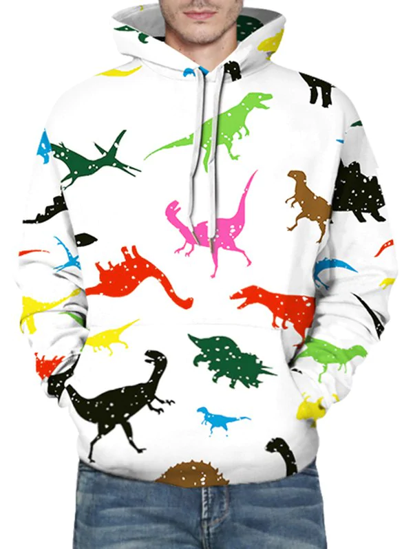 Colorful Dinosaur Print Front Pocket Casual Hoodie