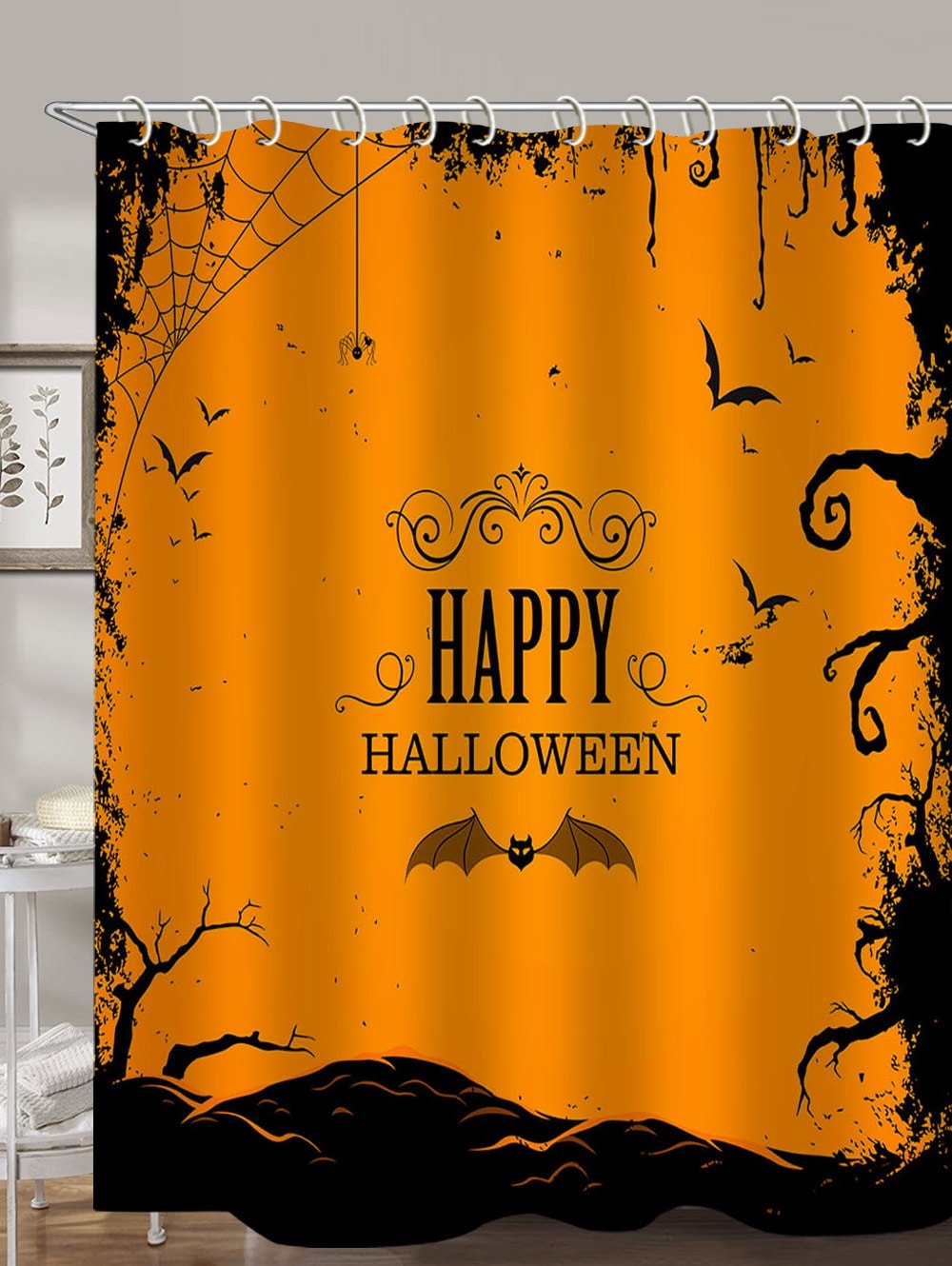 Halloween Bat Print Waterproof Bathroom Shower Curtain