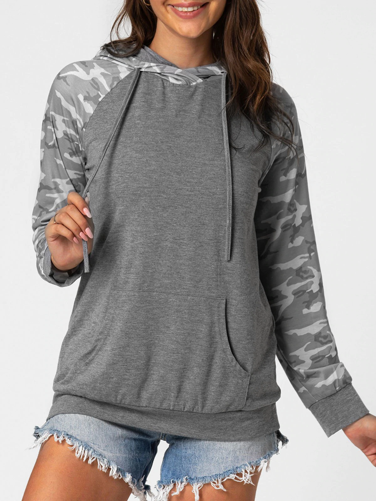 Camo Front Pocket Raglan Sleeve Hoodie