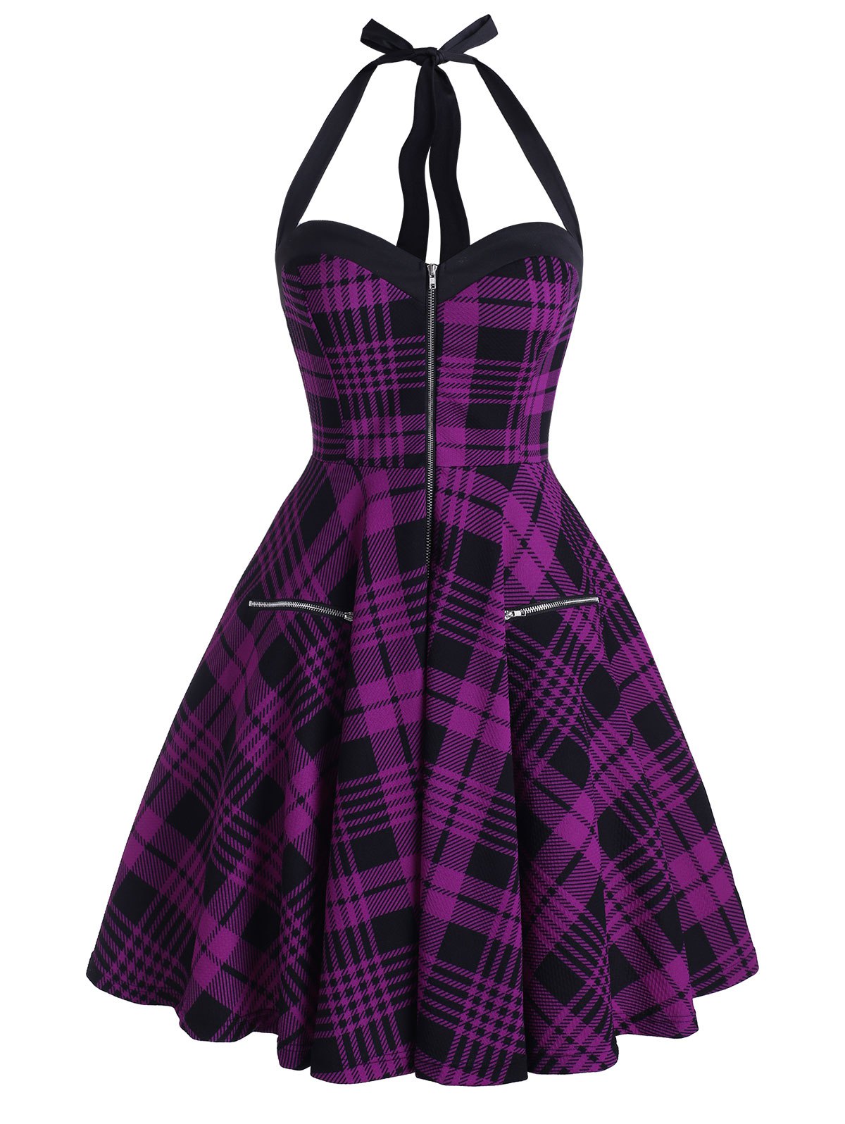 Halter Zipped Plaid Fit and Flare Vintage Dress