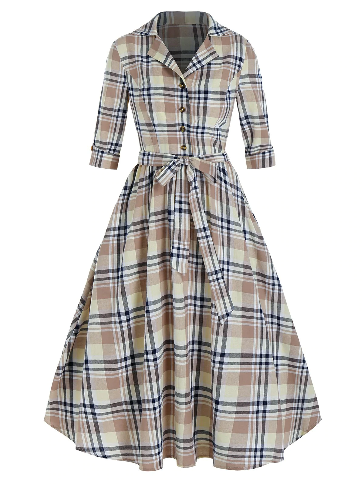 Plaid Print Half Button Belted Vintage Dress