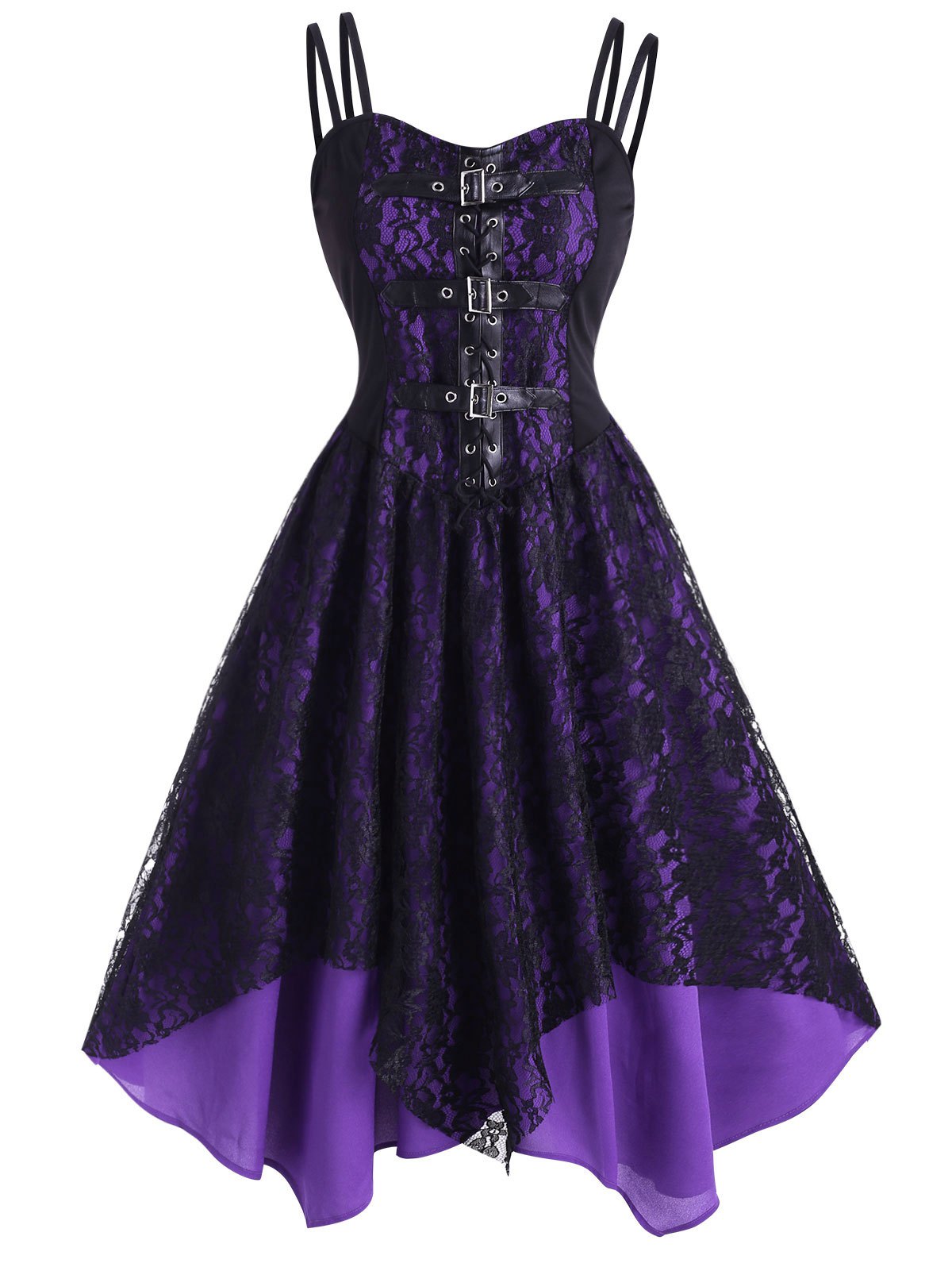 Lace Overlay Lace-Up Buckle Handkerchief Dress