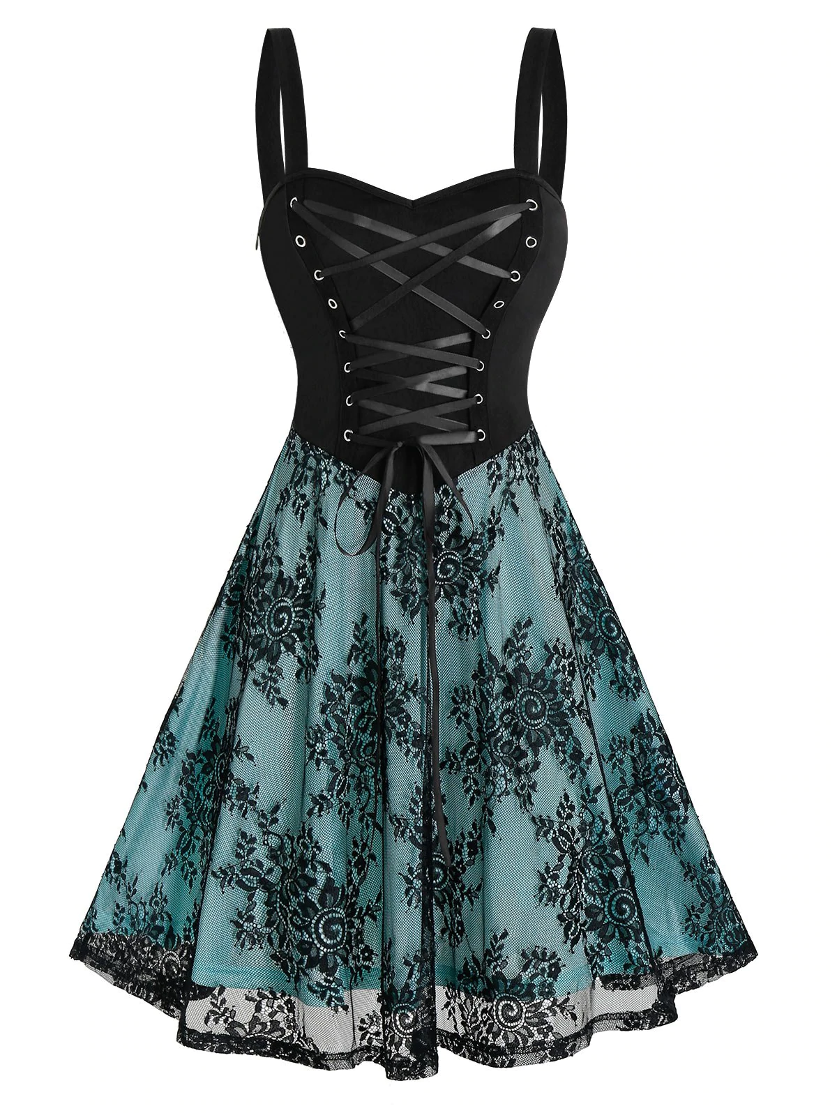 Sleeveless Lace-up Front Flower Lace Inert Gothic Dress