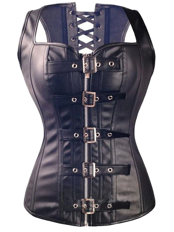 Faux Leather Boned Buckled Corset Vest