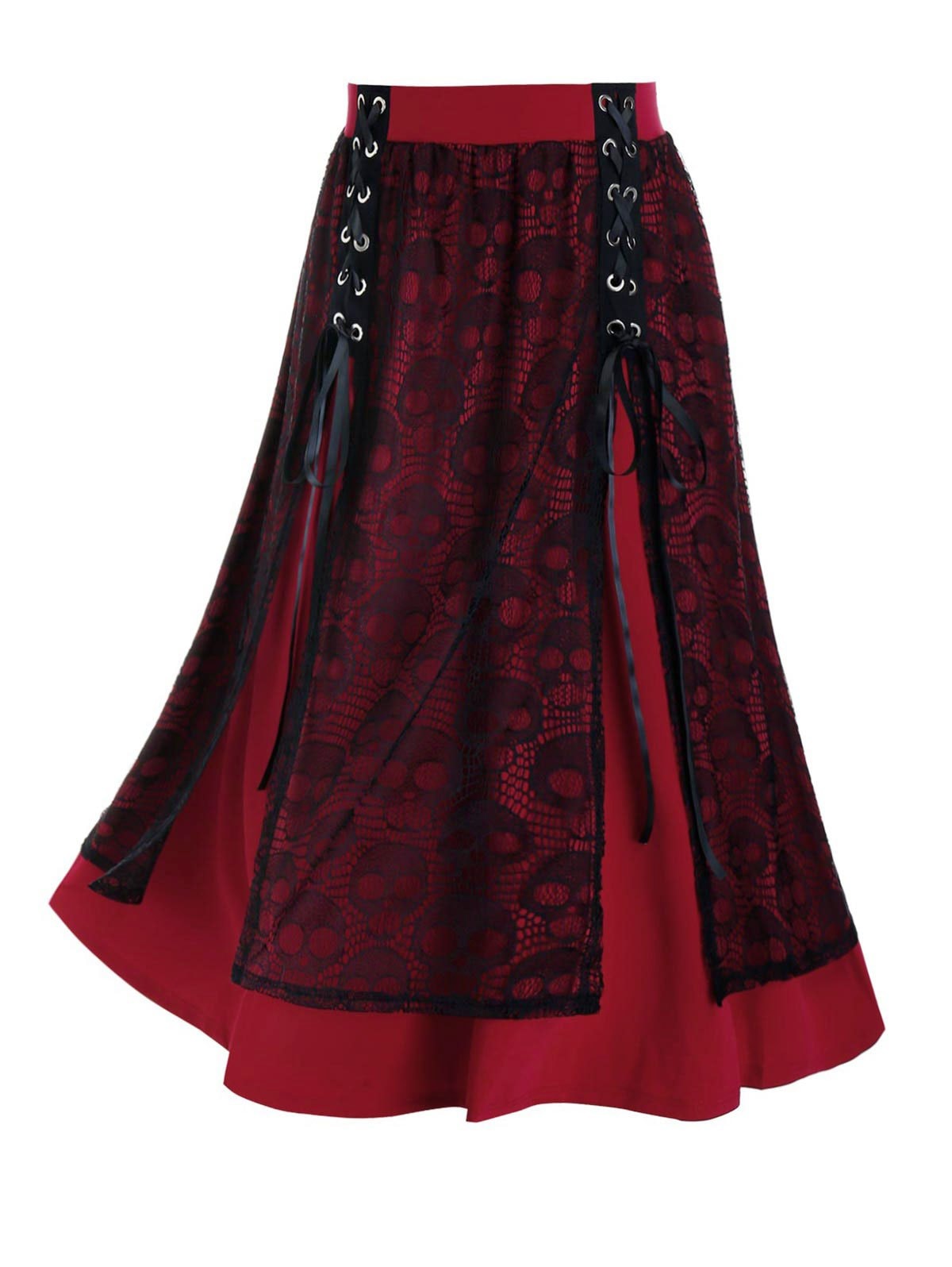 Plus Size Skull Lace A Line Lace-up Skirt