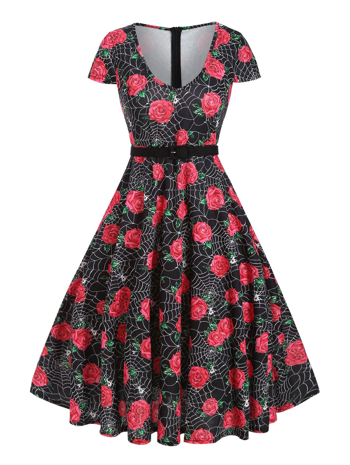 alloween Spider Web Rose Print Belted Dress