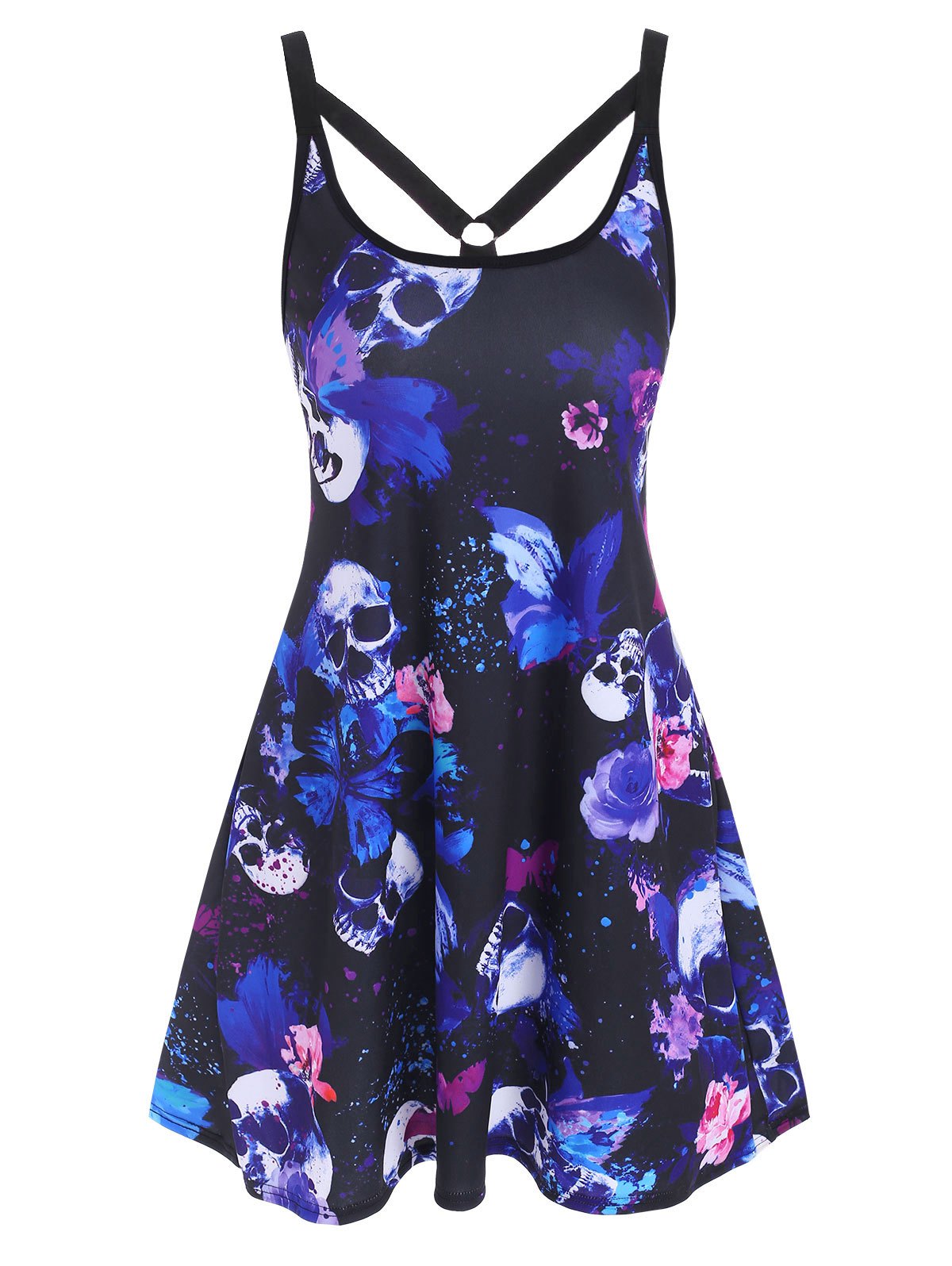 Skull Butterfly Print O Ring Strappy Tank Dress