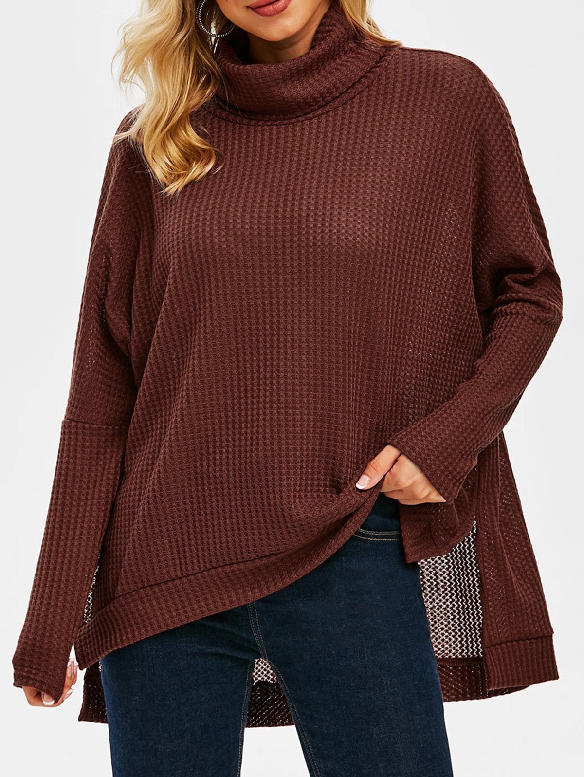 Turtleneck Drop Shoulder High Low Slit Knitwear