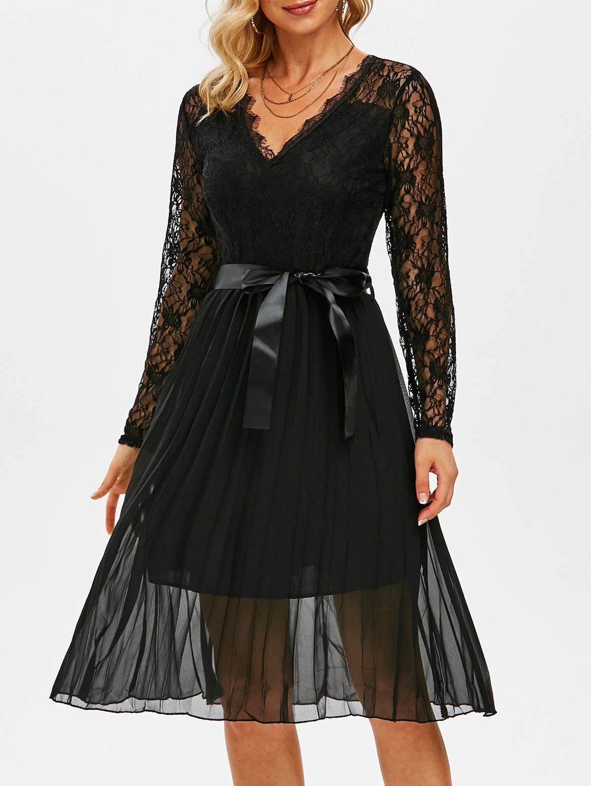 Lace Bodice Chiffon Belted Pleated Dress