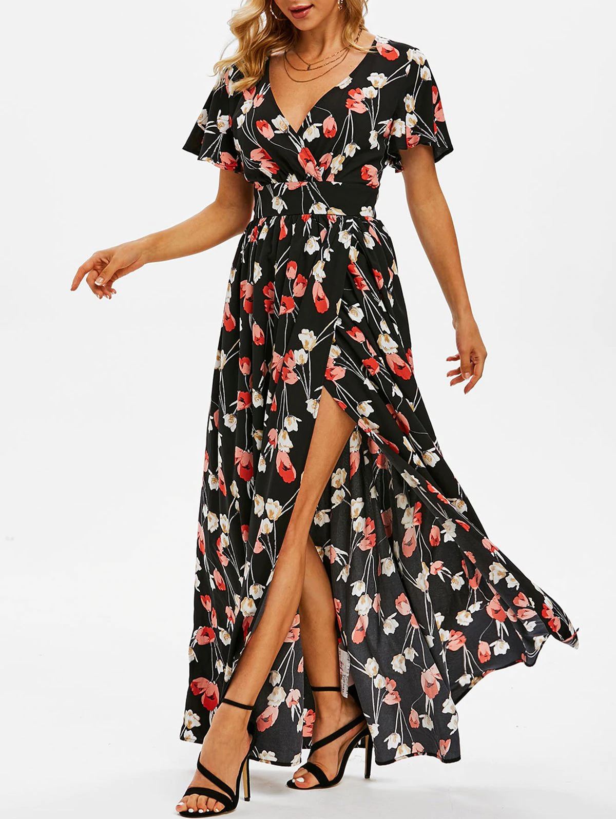 Floral Print Surplice Maxi Dress