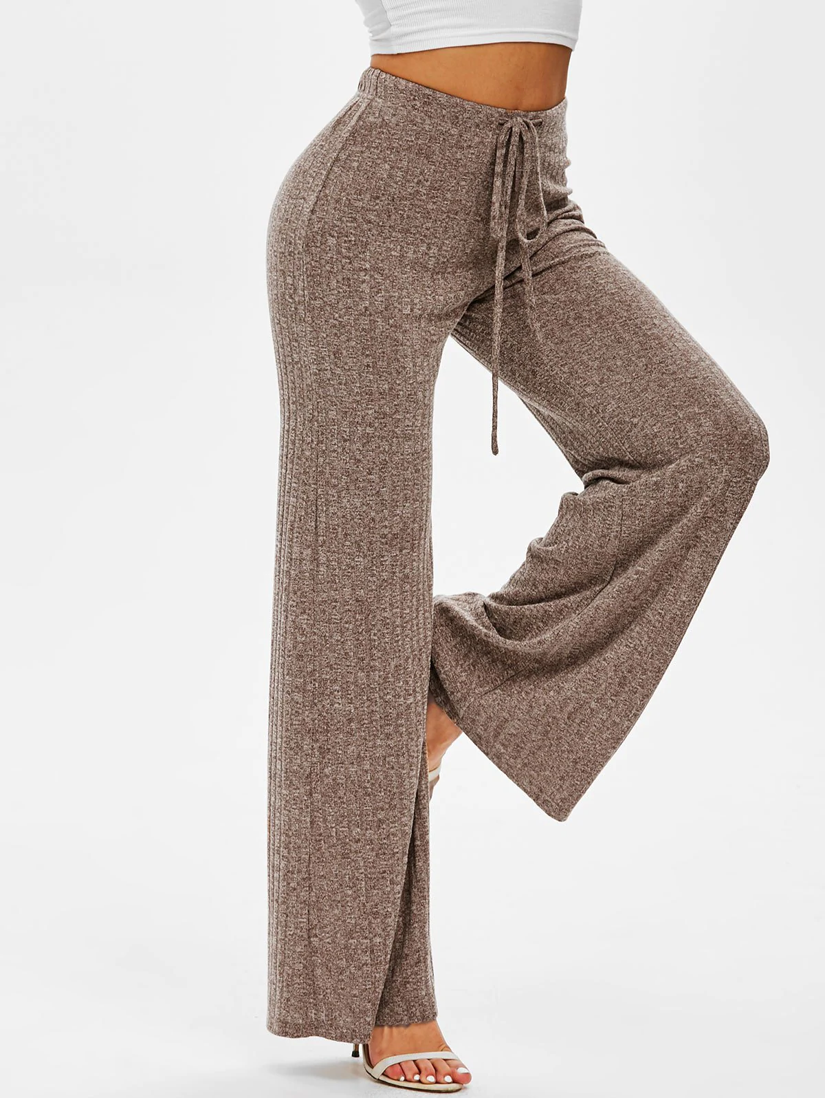 Drawstring Ribbed Marled Wide Leg Pants