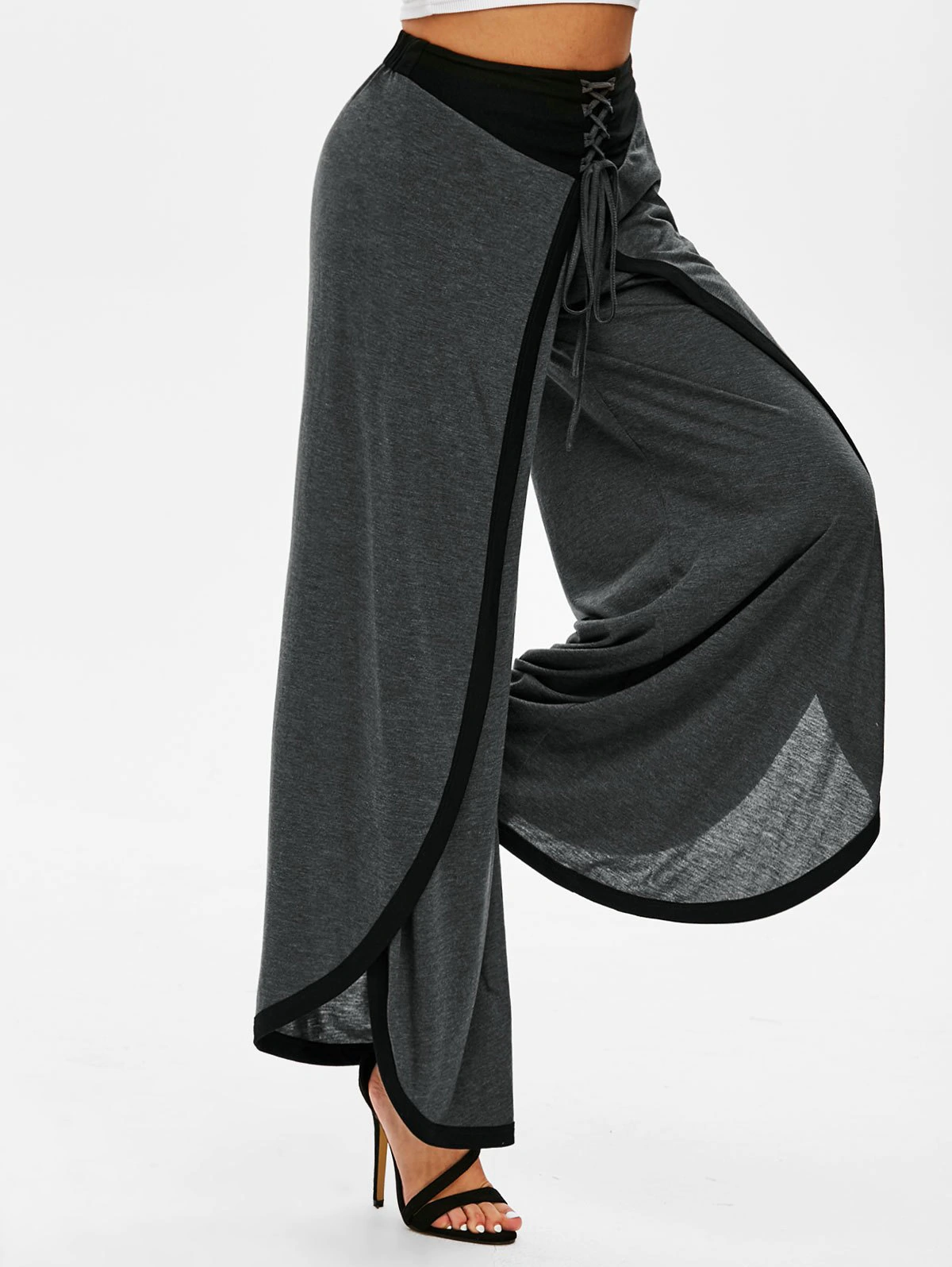 Overlap Front Lace-up Contrast Wide Leg Pants