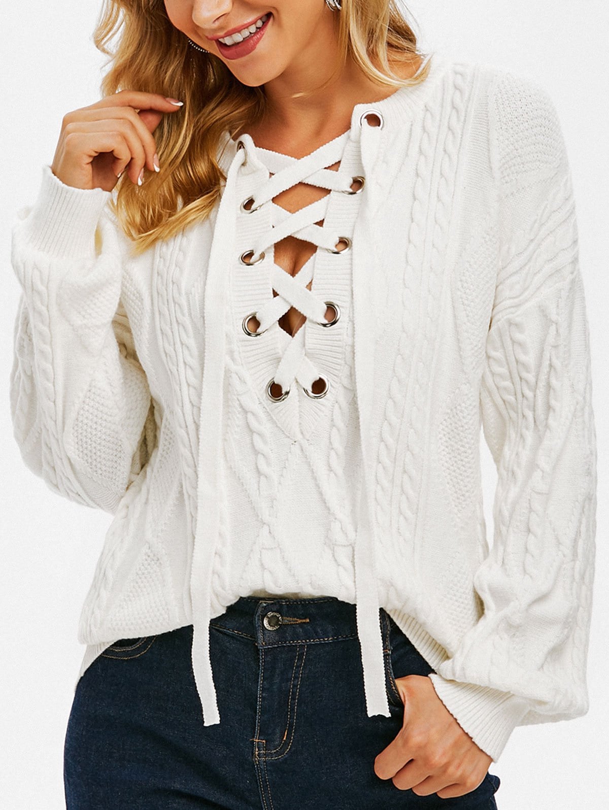 Cable Knit Lace Up Drop Shoulder Sweater