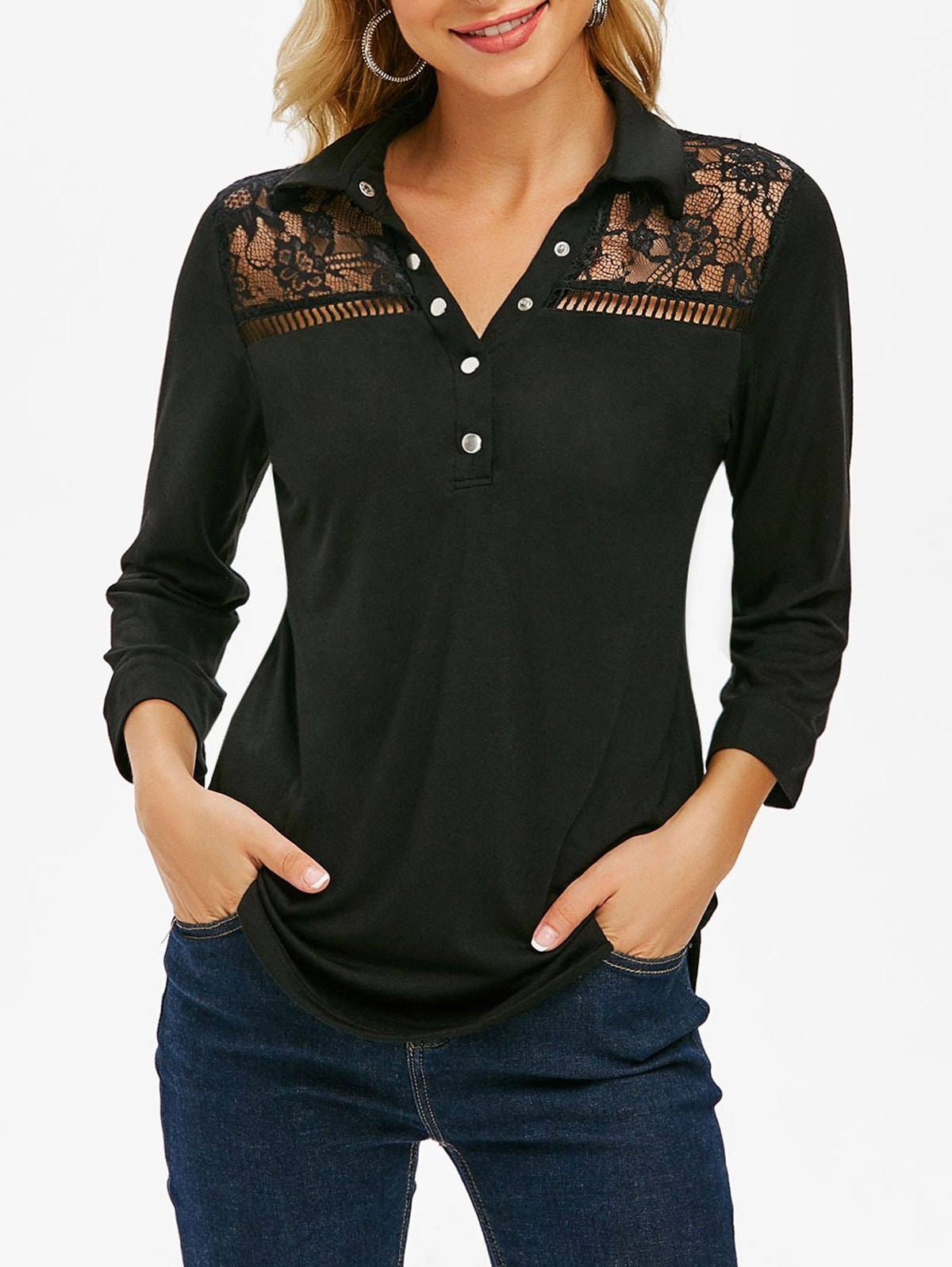 Lace Insert Half Button Top