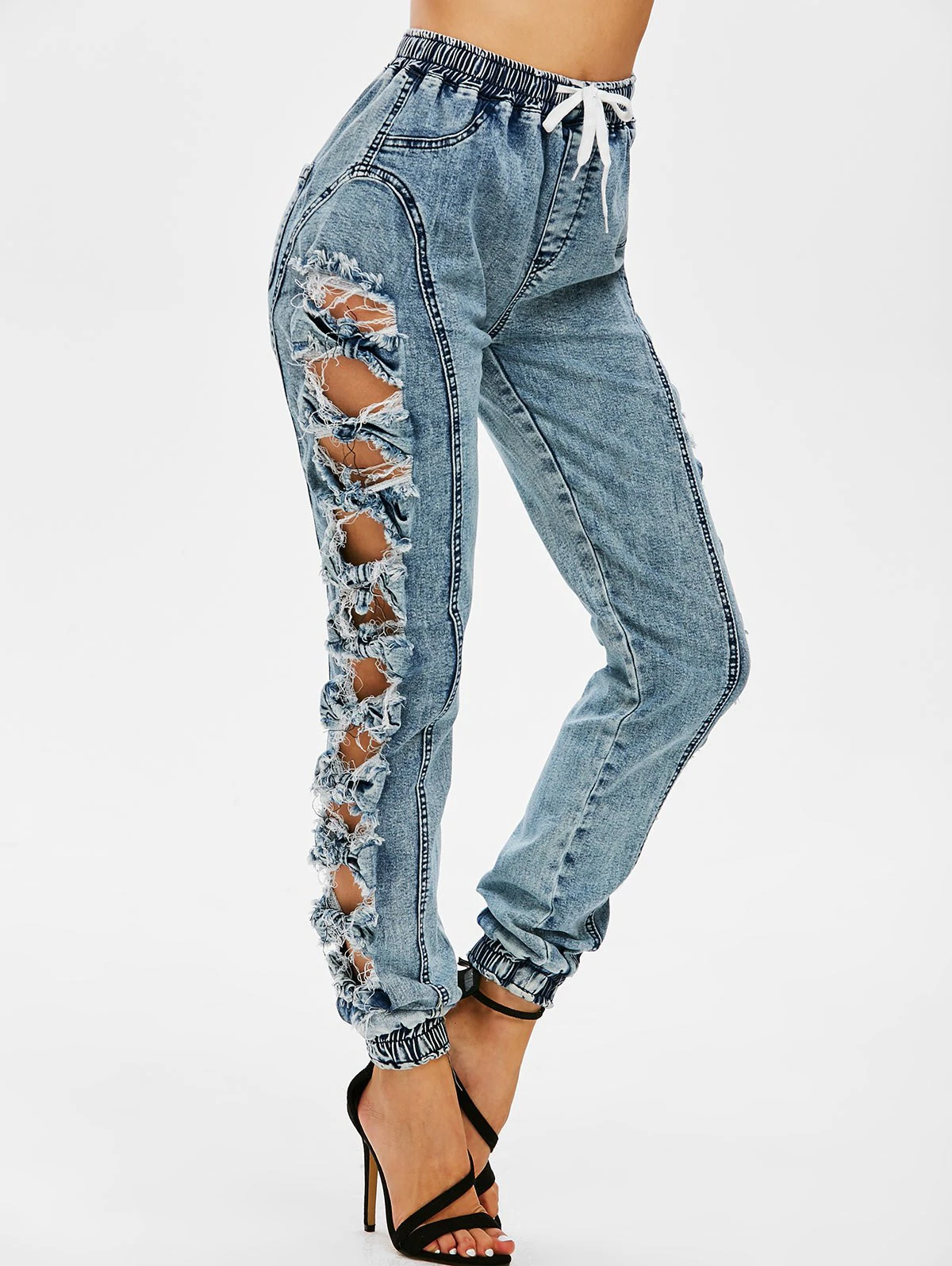 Bowknot Ripped Drawstring Elastic Hem Jeans