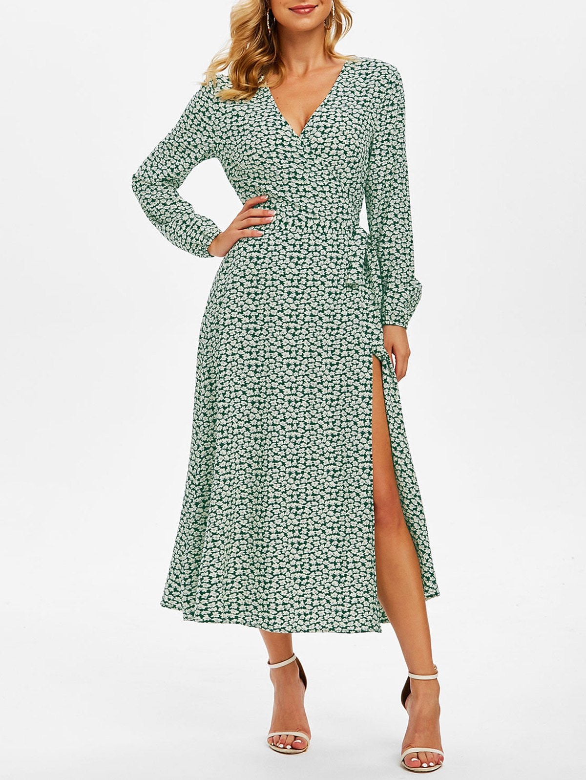 Floral Print Belted Surplice Dress