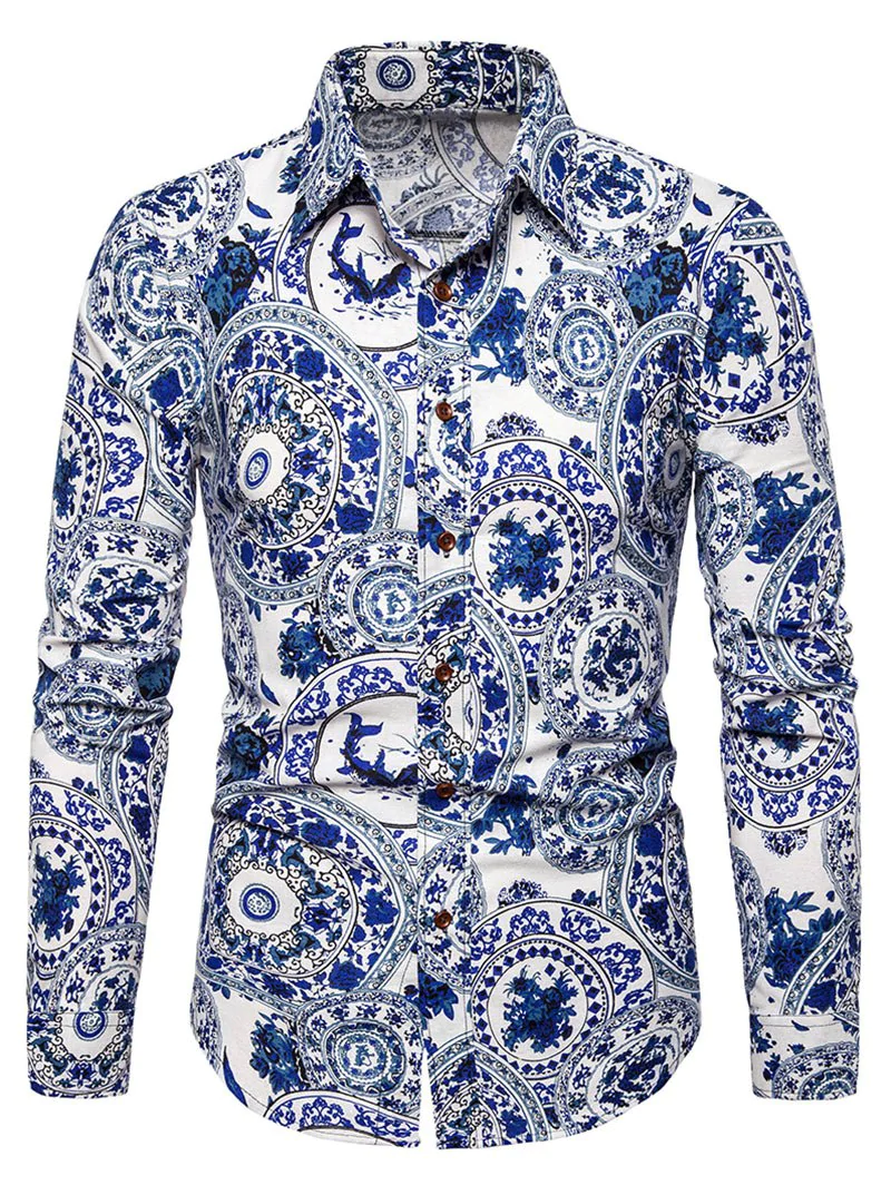 Chinese Porcelain Plate Print Retro Long Sleeve Shirt