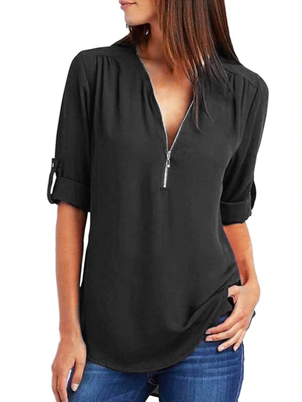 Cuffed Sleeve Curved Hem Half Zip T-shirt