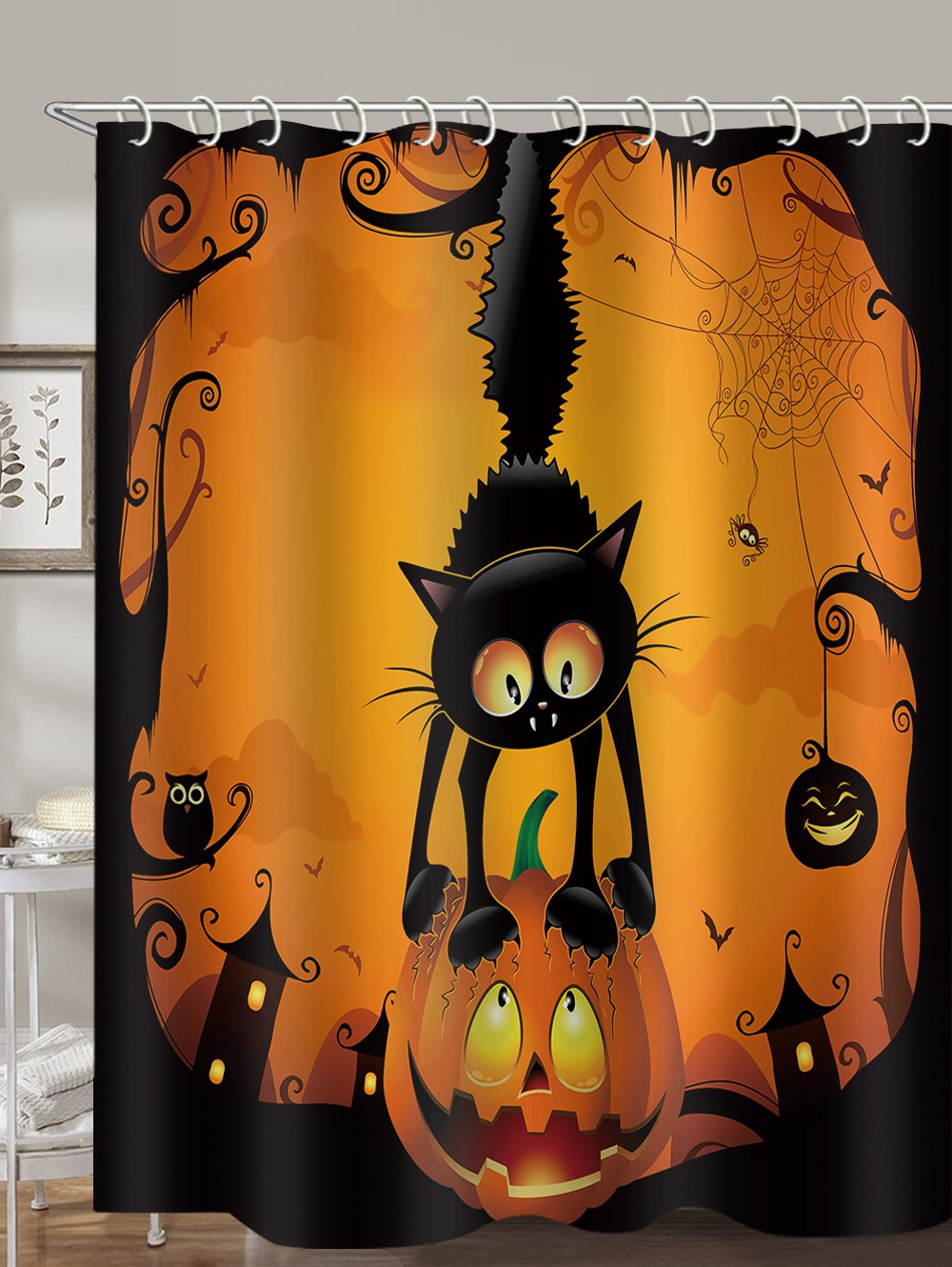 Halloween Cat Pumpkin Pattern Waterproof Shower Curtain