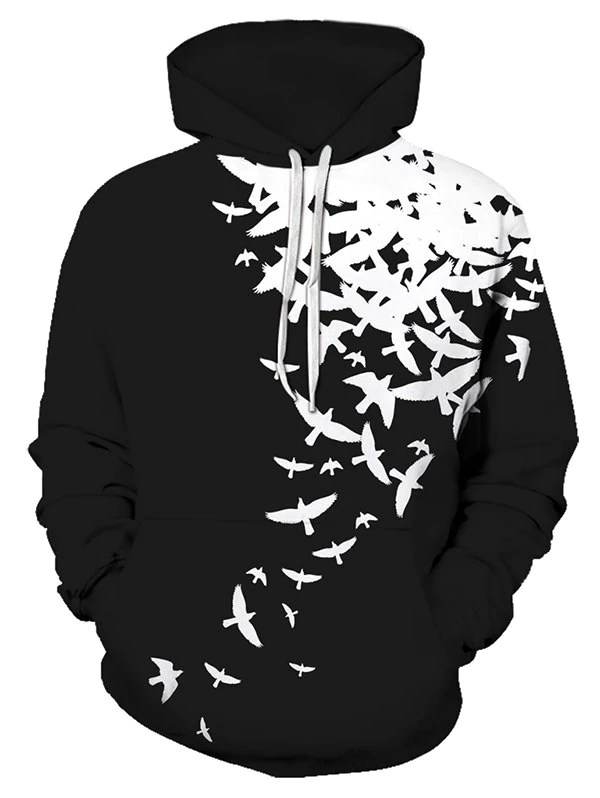 Contrast Pigeons Print Front Pocket Casual Hoodie