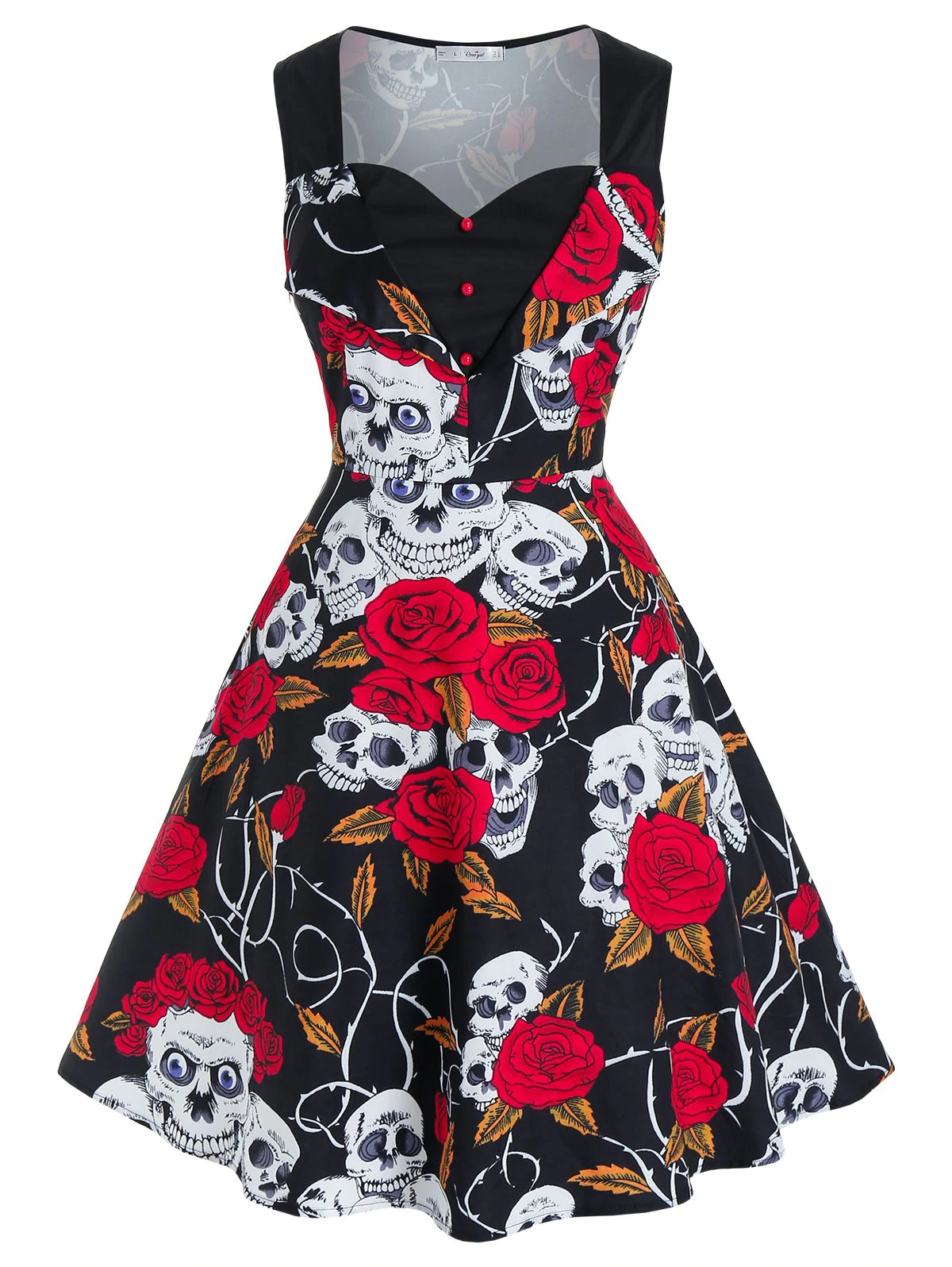 Plus Size Halloween Skull Flower Fit and Flare Retro Dress