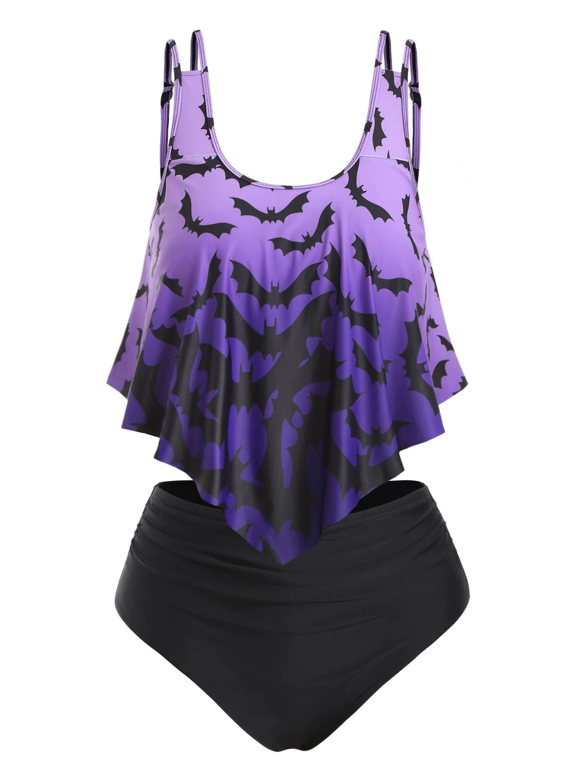 Plus Size Halloween Ombre Color Bat Print Tankini Swimwear