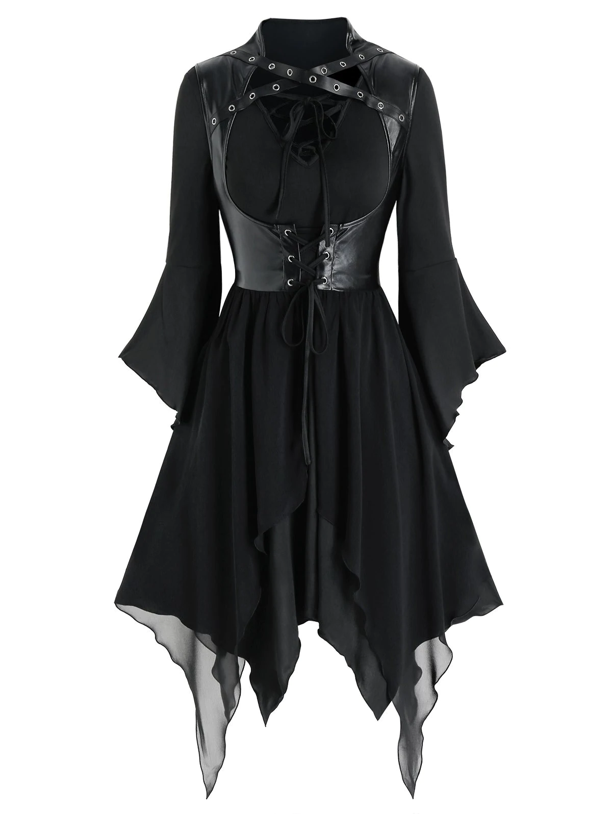 Lace-up Handkerchief Dress and Faux Leather Vest